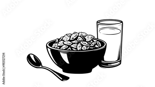 Bowl of cold cereals with milk and a spoon beside it, food illustration vector