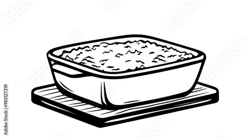 Casserole dish on a wooden board, ready to serve, food vector illustration