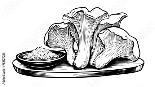 Chanterelle mushrooms displayed next to a small bowl of seasoning on a board, food vector illustration