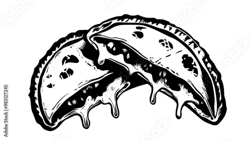 Cheese empanada cut open with cheese filling spilling out, food vector graphic