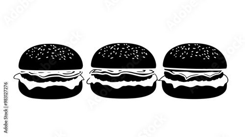 Chicken burger with fillings, arranged horizontally on a flat surface, food vector graphic