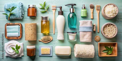 An array of eco-friendly skincare products, including oils, creams, soaps, and grooming tools displayed artistically on a light blue background, surrounded by green leaves