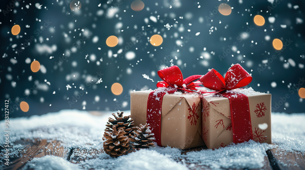 pair of Christmas gifts wrapped in red ribbons and adorned with pine cones pair of Christmas gifts wrapped in red ribbons and adorned with pine cones