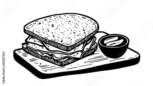 Classic deli sandwich on a wooden cutting board beside a small bowl of pickles, food illustration vector