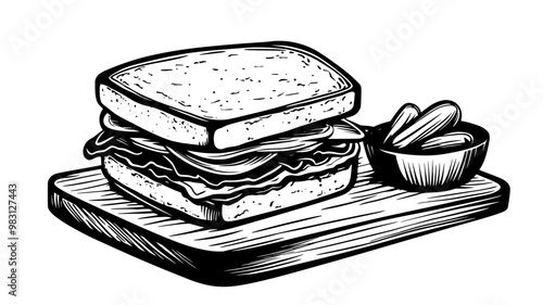 Classic deli sandwich on a wooden cutting board beside a small bowl of pickles, food vector graphic