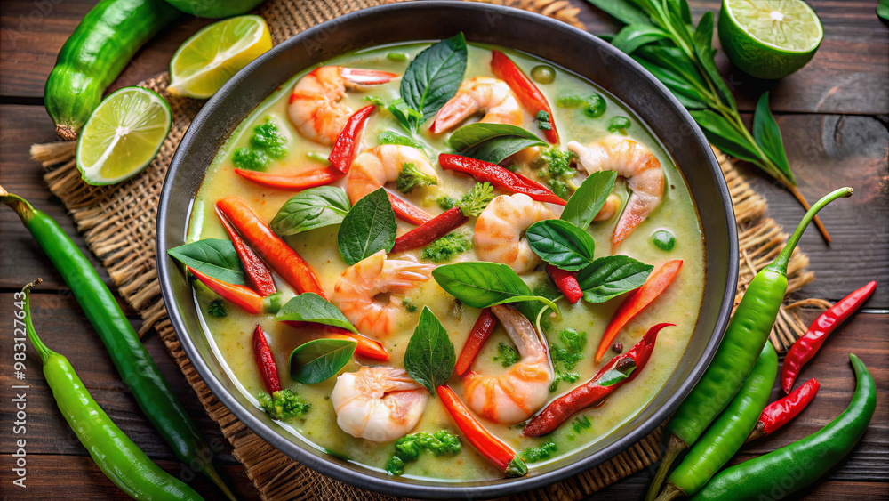 A vibrant bowl filled with shrimp curry showcases fresh herbs, red peppers, and green chilies, set against a rustic wooden backdrop, evoking a warm and inviting atmosphere A vibrant bowl filled with shrimp curry showcases fresh herbs, red peppers, and green chilies, set against a rustic wooden backdrop, evoking a warm and inviting atmosphere