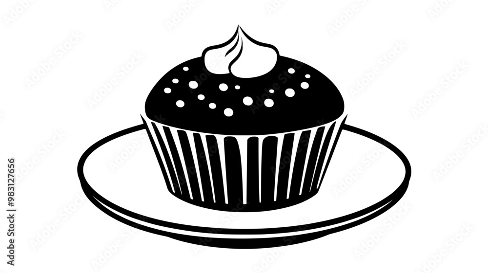 Close-up of a muffin on a white ceramic plate, food illustration vector Close-up of a muffin on a white ceramic plate, food illustration vector
