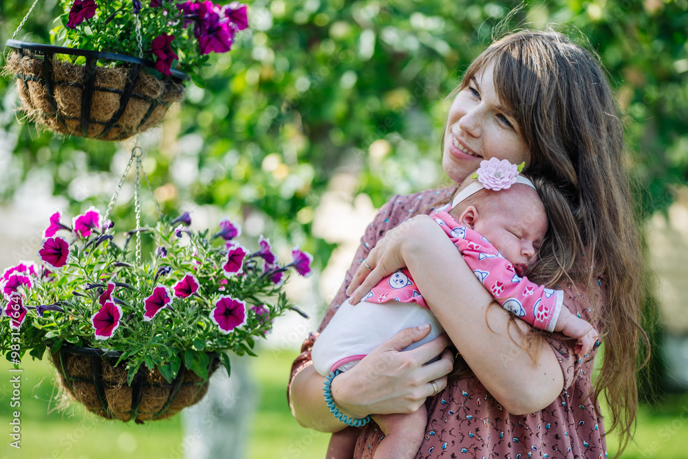 Fototapeta premium Mother cradles her slumbering baby girl amid a lush garden of vibrant purple and pink blooms