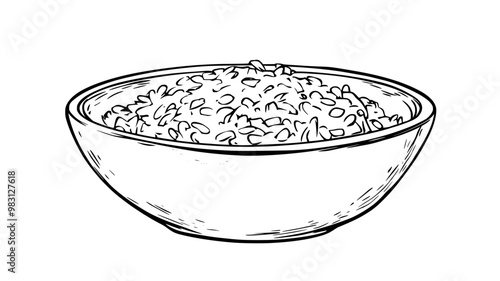 Close-up of pilaf in a white ceramic bowl with visible grains, food illustration vector