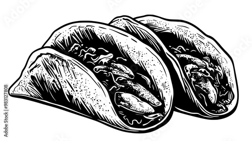 Close-up of fish tacos with visible fillings and tortillas slightly open, food vector graphic