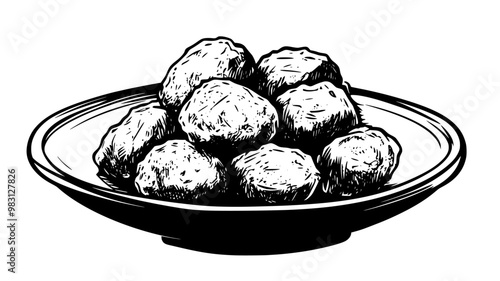 Close-up of nuggets, stacked in the center of a ceramic plate, food illustration vector