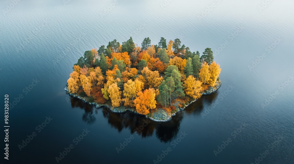 Autumn colors paint a vibrant tapestry on a secluded island in the serene waters of Northern Finland, creating a picturesque aerial vista. Autumn colors paint a vibrant tapestry on a secluded island in the serene waters of Northern Finland, creating a picturesque aerial vista.