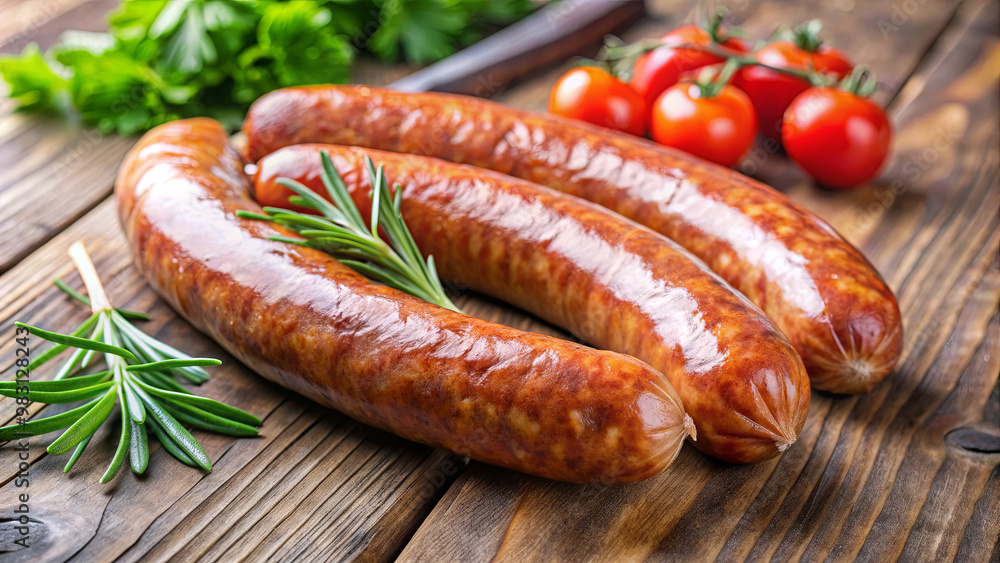 Juicy sausages rest on a rustic wooden table alongside fresh cherry tomatoes and sprigs of rosemary, creating an inviting atmosphere perfect for a hearty meal Juicy sausages rest on a rustic wooden table alongside fresh cherry tomatoes and sprigs of rosemary, creating an inviting atmosphere perfect for a hearty meal