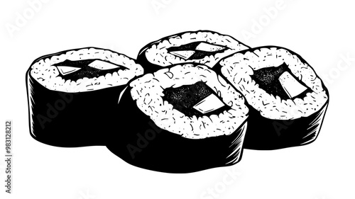 Close-up of sushi rolls with visible fillings and toppings, food vector graphic