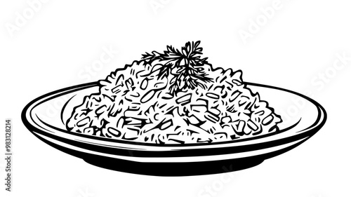 Close-up of risotto with visible grains, garnished with fresh herbs, on a plain plate, food illustration vector
