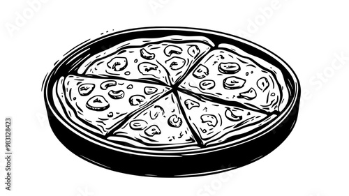 Freshly baked deep-dish pizza cooling in its pan, food illustration vector