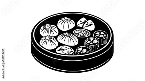 Dim sum placed in a steamer basket with a variety of fillings, food vector graphic