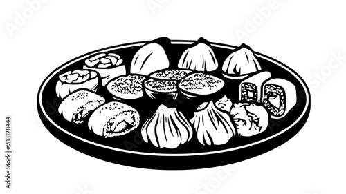 Dim sum placed on a platter with a variety of fillings and garnishes, food illustration vector