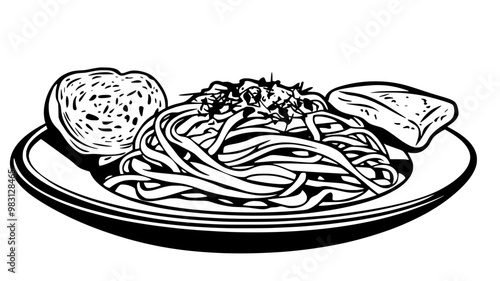 Fettuccine pasta with Alfredo sauce served with a slice of bread, food vector illustration