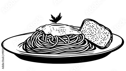 Dish of spaghetti with marinara sauce and grated cheese, served with a slice of bread, food vector illustration