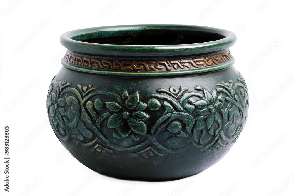 Pot with green pattern on light canvas showcasing a floral holder Pot with green pattern on light canvas showcasing a floral holder