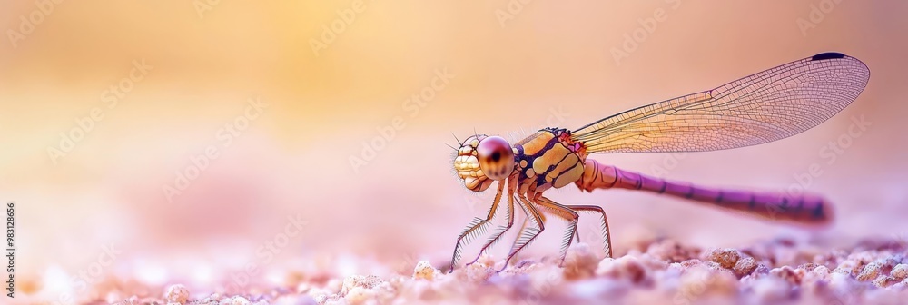 A tight shot of a dragonfly hovering over a bloom, surrounded by an indistinct backdrop of pink and yellow blossoms A tight shot of a dragonfly hovering over a bloom, surrounded by an indistinct backdrop of pink and yellow blossoms
