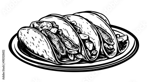 Fish tacos served on a wooden board with scattered toppings, food vector illustration