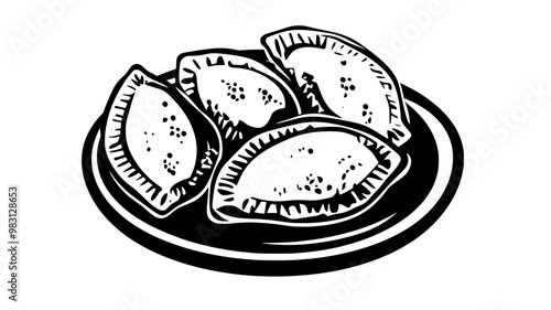 Four vegetarian empanadas arranged in a circle on a plate, food vector graphic