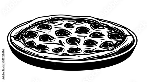 Full deep dish pizza with the crust rising above the toppings, displayed on a flat surface, food illustration vector