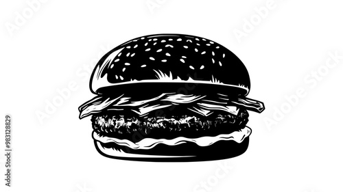 Gourmet burger with layers of fillings on a flat surface, food vector illustration