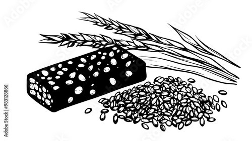 Granola bar with oats, seeds, and nuts beside loose grains, food illustration vector