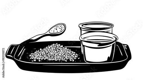 Granola spread on a baking sheet beside a small container filled with granola, food vector illustration