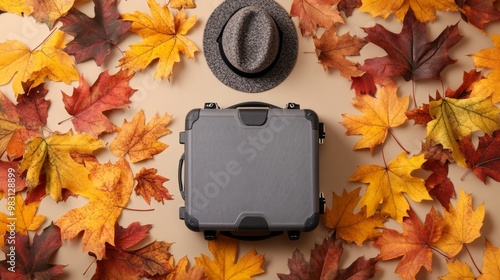 Autumn Getaway Inspiration: A gray suitcase surrounded by vibrant autumn leaves and a cozy felt hat, set against a calming beige backdrop, ideal for marketing or written content. photo