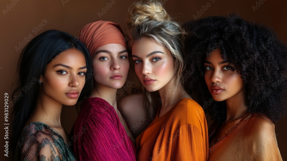 Fototapeta premium Stunning portrait of multicultural women, reflecting beauty diversity in a vivid colored background.