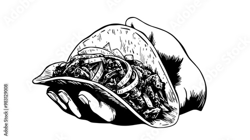 Hand-held taco with meat and onions, ready to be eaten, food vector illustration