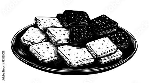 Group of shortbread cookies arranged on a flat serving dish, food vector illustration