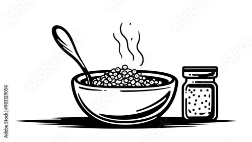 Steaming hot cereal beside a jar of sweeteners and spoon, food illustration vector