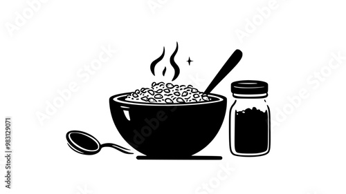 Steaming hot cereal beside a jar of sweeteners and spoon, food vector graphic