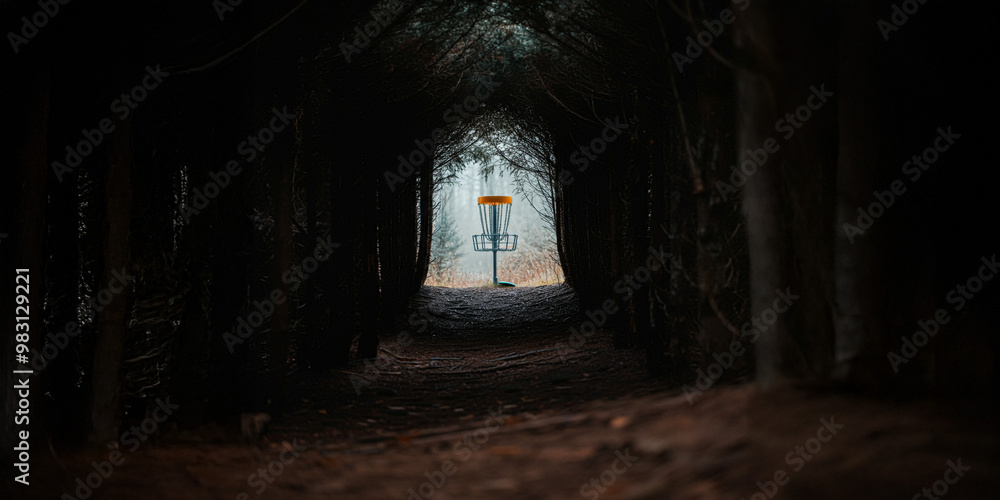 Disc Golf Basket & Chains , Tunnel Shot Through Forest Trees, Discgolf Frisbee Sport Disc Golf Basket & Chains , Tunnel Shot Through Forest Trees, Discgolf Frisbee Sport