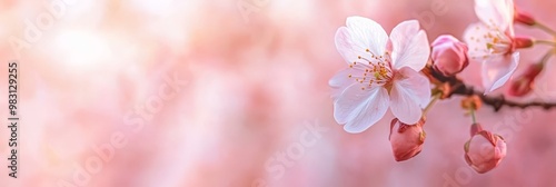  A branch of a tree with pink flowers in sharp focus, background softly blurred