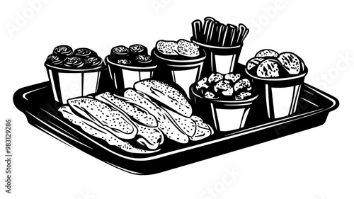 Individual servings of assorted snacks placed orderly on flat serving tray, food illustration vector