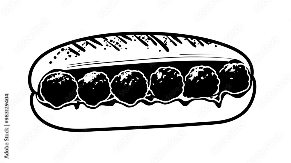 Open-faced meatball sub showing meatballs and sauce in a roll, food illustration vector Open-faced meatball sub showing meatballs and sauce in a roll, food illustration vector