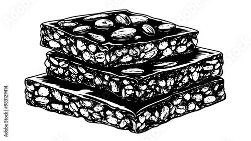Stacked granola bars showing texture and ingredients, food illustration vector