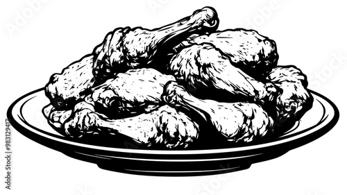 Multiple chicken wings piled up, filling the entire plate, food illustration vector