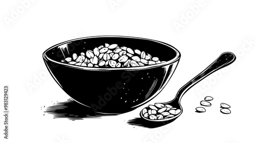 Muesli-filled bowl next to an empty spoon and some muesli on the surface, food vector illustration