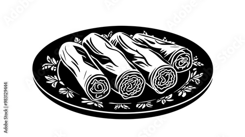 Spring rolls displayed in a circular design on a platter, food vector graphic