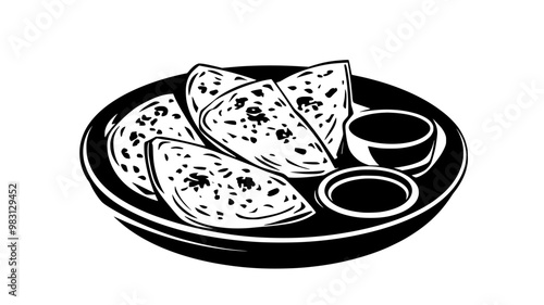 Naan arranged on a serving dish with a variety of dipping sauces, food illustration vector