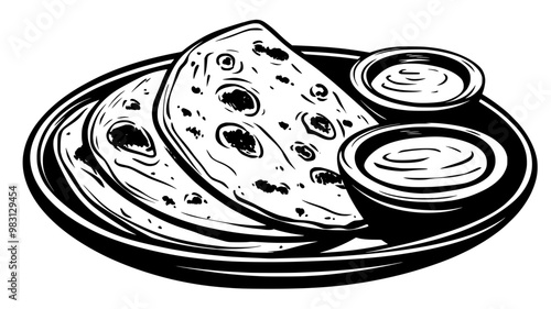 Naan placed on a plate with dipping sauces and garnish, food illustration vector