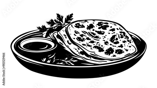 Naan placed on a plate with dipping sauces and garnish, food vector graphic