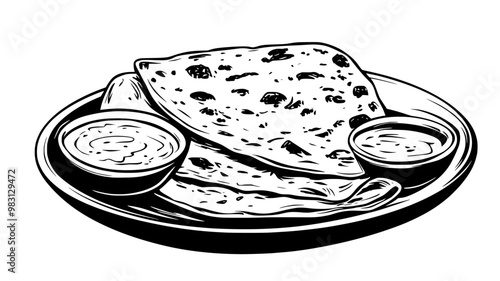 Naan served on a plate with dipping sauces, food vector illustration
